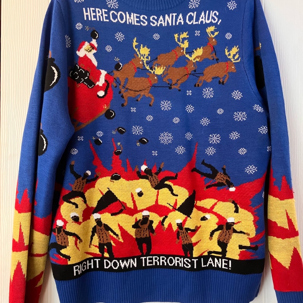 Festive Blue and Red Crewneck Sweater with Reindeer Design